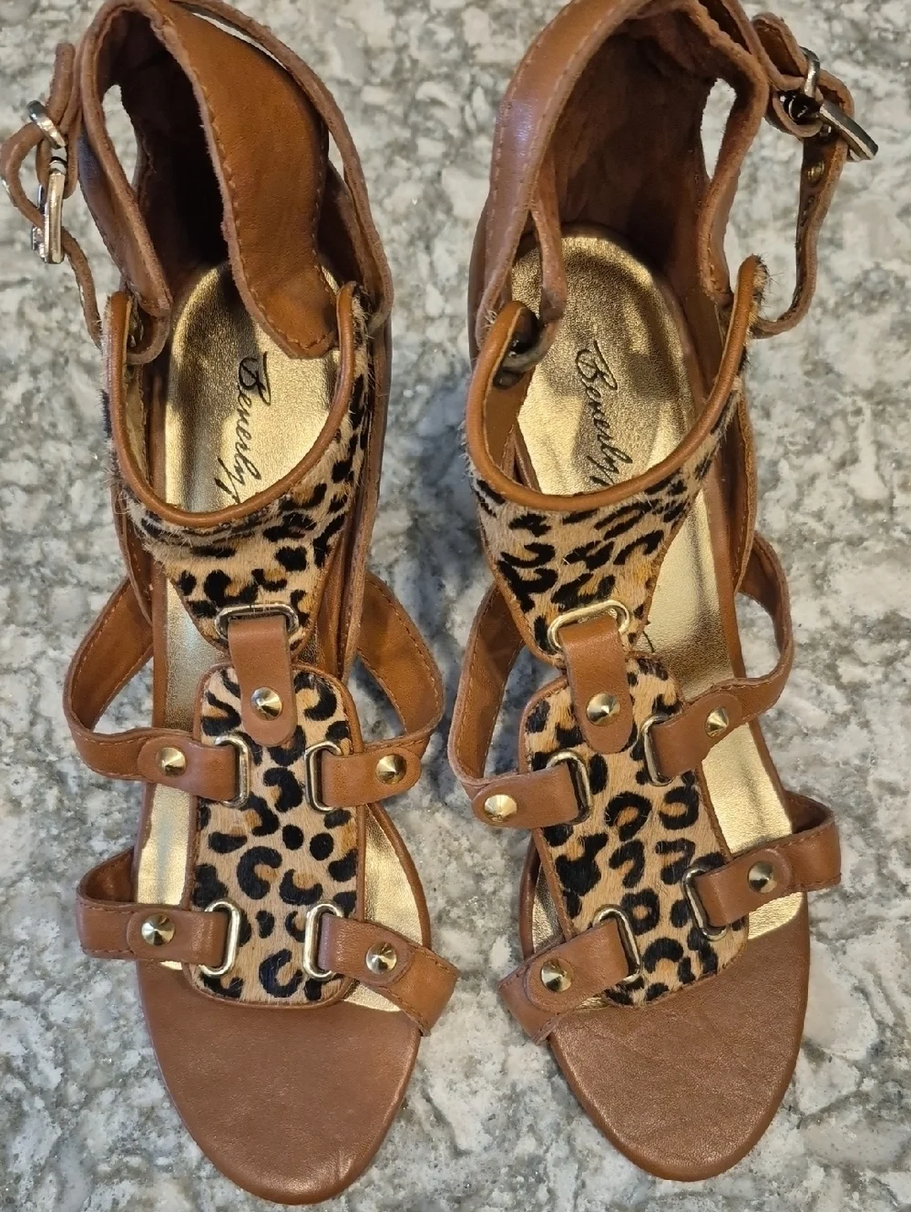 Beverly Feldman Tan Strappy Heels with Leopard-Print Panel